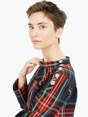 J. Crew Tartan Plaid Funnel Neck Top with Crystal Buttons
